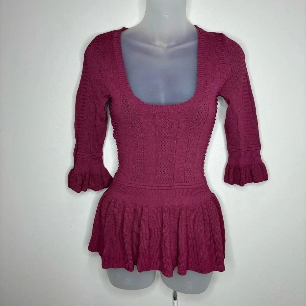 Torn by Ronny Kobo Peplum Top Open Knit Size XS Scoop Neck Designer Classic pink